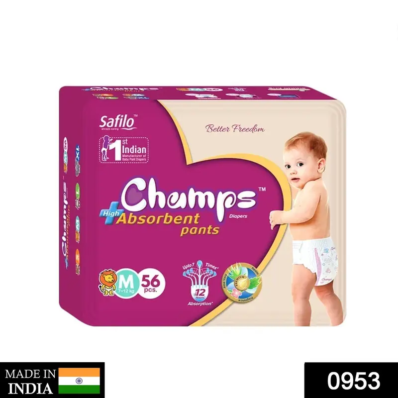 0953 Premium Champs Pant-Style Diapers – Medium Size, High-Absorbency, 56-Count Pack 1