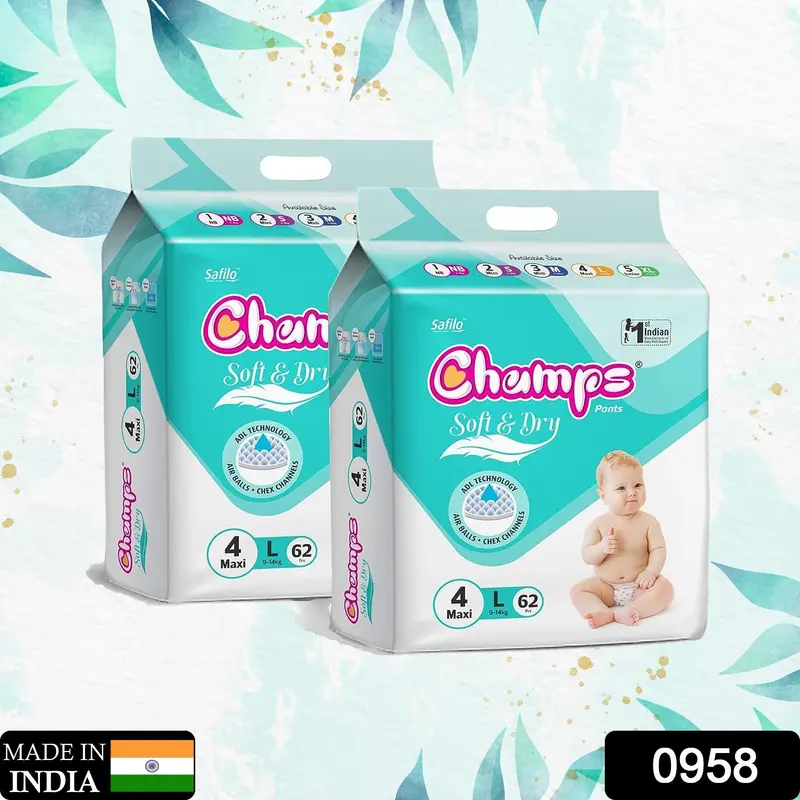 0958 Champs Soft & Dry Pant Diapers – Large Size, 62-Count Skin-Friendly Pack 1
