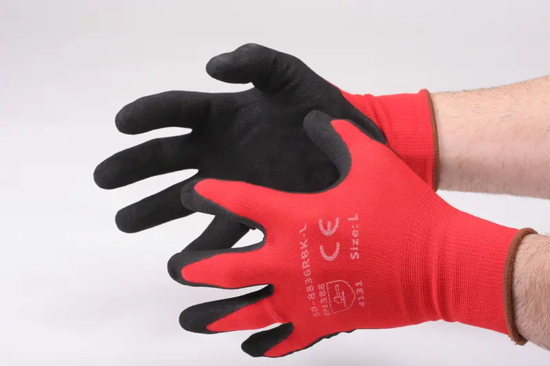 13-Gauge Red Nylon And Spandex Glove With Black Sandy Coating – Large 1