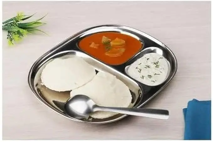 Am3334 Stainless Steel Pav Bhaji Plate – 23Cm × 19.2Cm, 3-Section Design 1