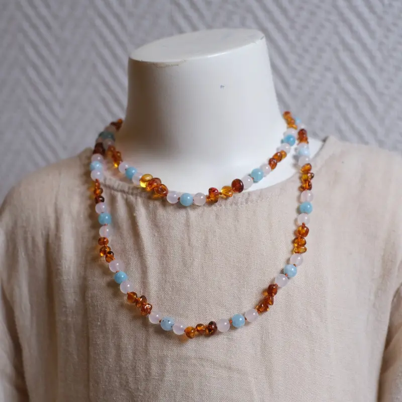 Children'S Amber Necklace With Cognac, Aquamarine & White Agate 1