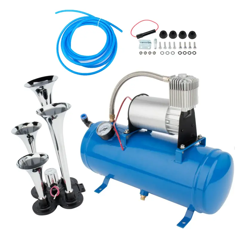 Compact 4-Trumpet Air Horn Kit With Blue Pressure Gauge – 12V Compressor For Vehicle Use 1