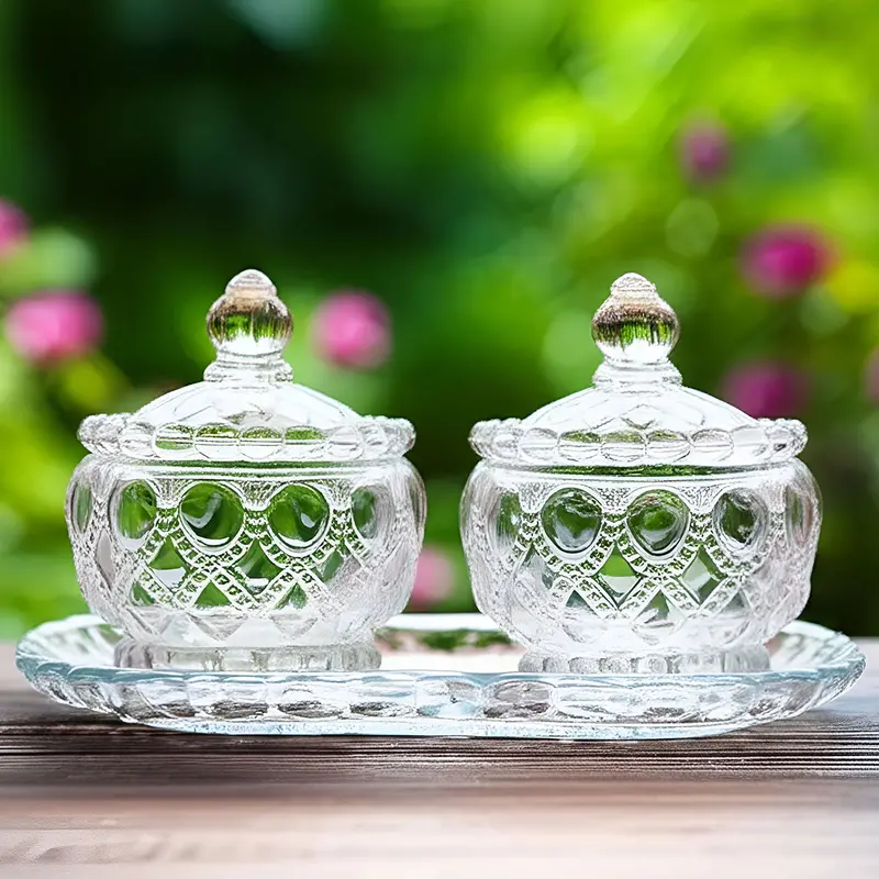 Crystal Glass Candy Jar Set – Elegant Serving Bowls With Tray, Clear Design (3-Piece) 1