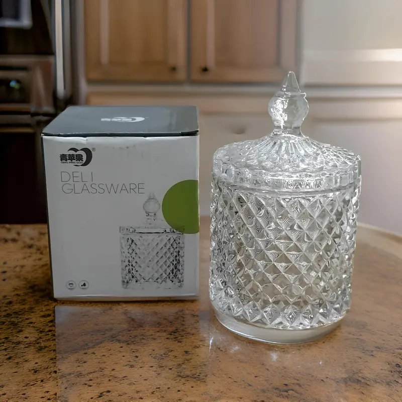 Deli Am3047 Diamond-Faceted Candy Jar – Elegant Multipurpose Glass Container With Lid, 1 Piece 1