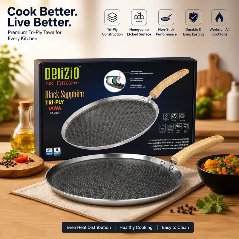 Delizio Black Sapphire Tri-Ply Tawa Pan – 29 Cm (Nri Edition) 1