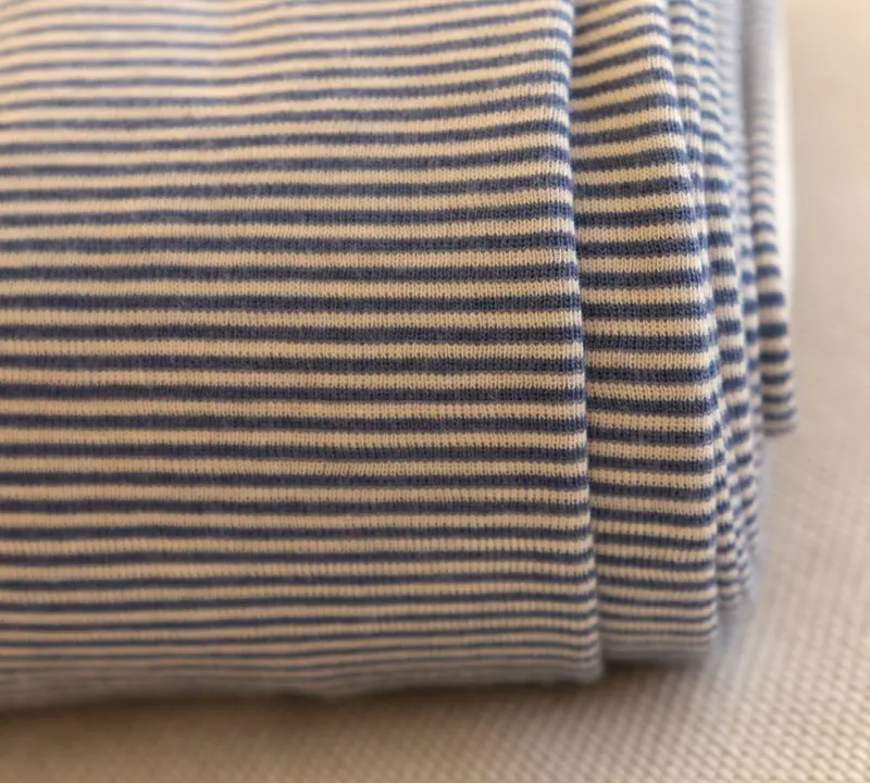 Fine Merino Wool-Silk Jersey Fabric: Light Blue And Natural Stripes 1