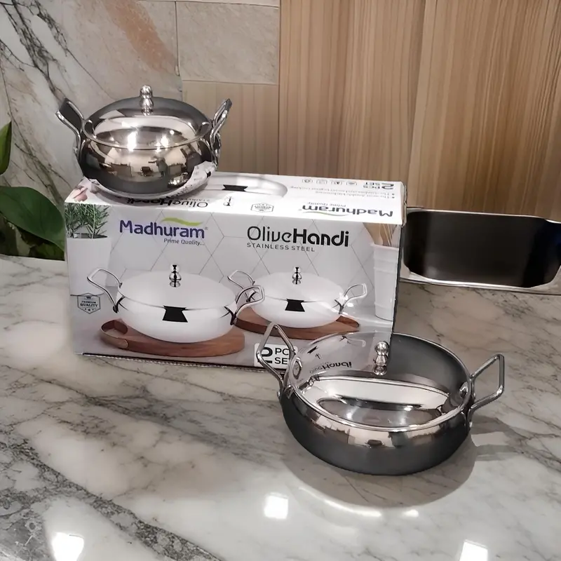 Madhuram Premium Olive-Design Stainless Steel Handi Set – 2-Piece With Handles 1