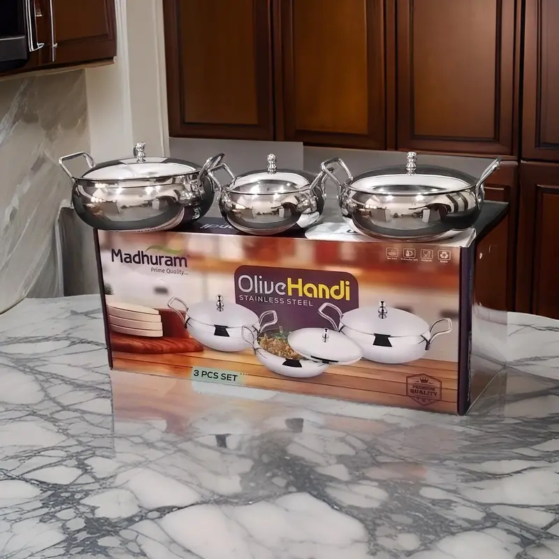 Madhuram Premium Olive-Design Stainless Steel Handi Set – 3-Piece With Handles 1