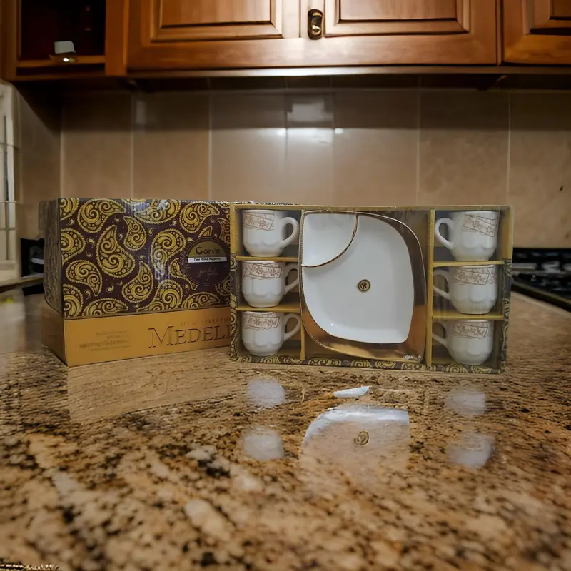 Medellin Am3073 Ceramic Beverage Set – 6 Cups With 1 Serving Plate (7-Piece Ensemble) 1