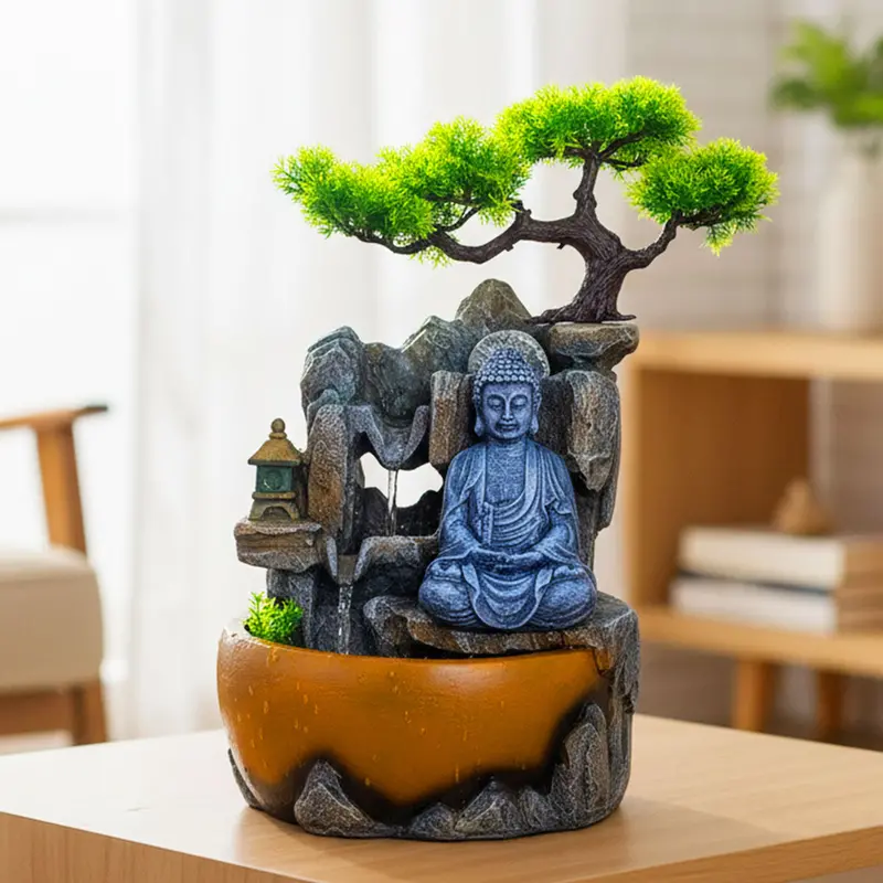 Meditating Buddha Tabletop Fountain – Ceramic Water Feature With Bonsai Accent 1