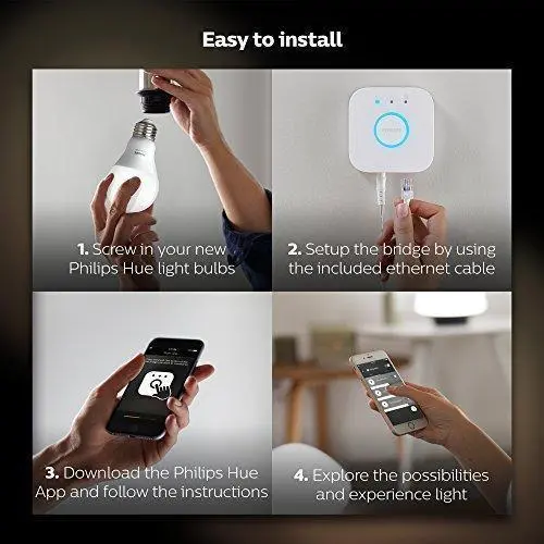 Philips Hue White A19 Smart Bulb Starter Kit – 4 Dimmable 60W-Equivalent Led Bulbs + Bridge, Compatible With Alexa, Apple Homekit, And Google Assistant (Ca Compliant) 1
