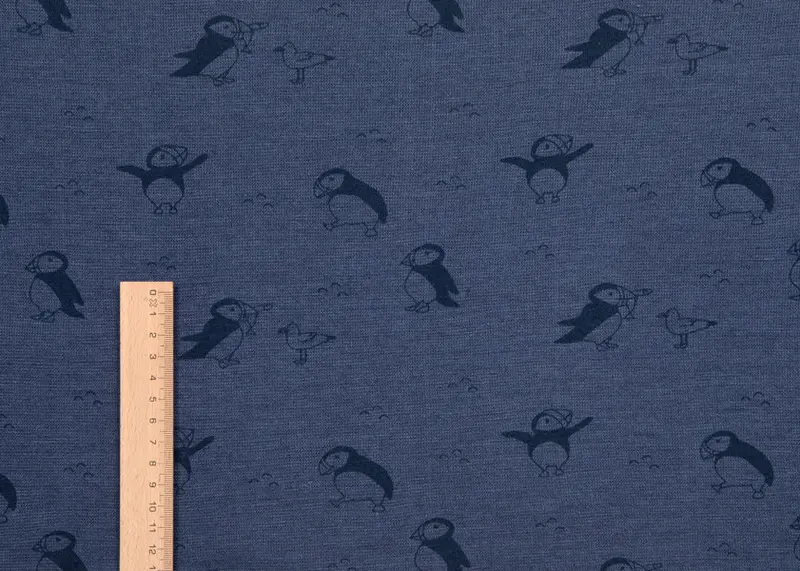 Puffin Design On Blue Organic Wool–Silk Terry (Mulesing-Free, Gots-Certified) 1