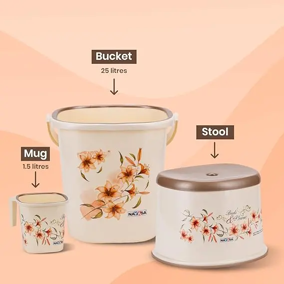 Rishabh Super Flora Bathroom Set – 25L Bucket, 1.5L Mug & Stool (3-Piece Multicolor) 1