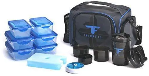 Thinkfit Insulated Lunch Carrier – 6-Compartment Meal Prep Kit With Ice Pack, Pill Organizer, Shaker Cup & Carry Strap (Blue) 1