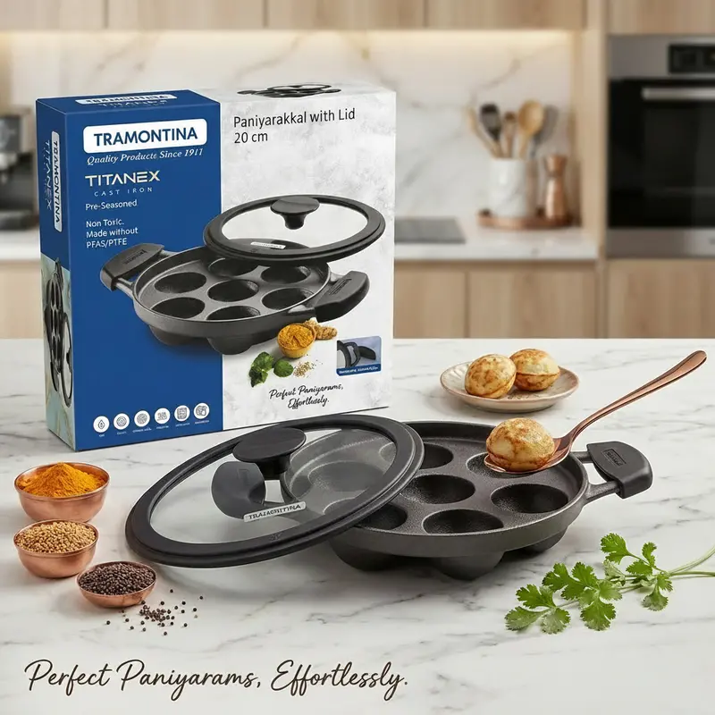 Tramontina Titanex 20 Cm Pre-Seasoned Cast Iron Paniyarakkal With Tempered Glass Lid 1