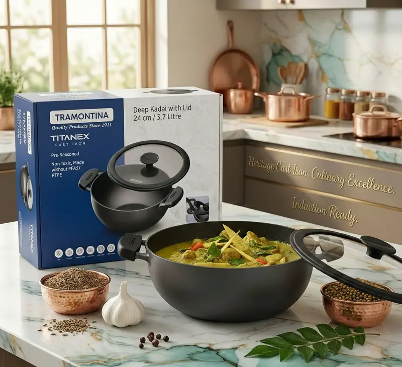 Tramontina Titanex 24 Cm Pre-Seasoned Cast Iron Deep Kadai With Tight-Fit Lid – Versatile Cooking Pot 1