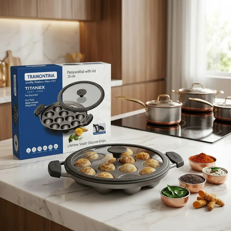 Tramontina Titanex 26 Cm Pre-Seasoned Cast Iron Paniyarakkal With Stainless Steel Lid 1