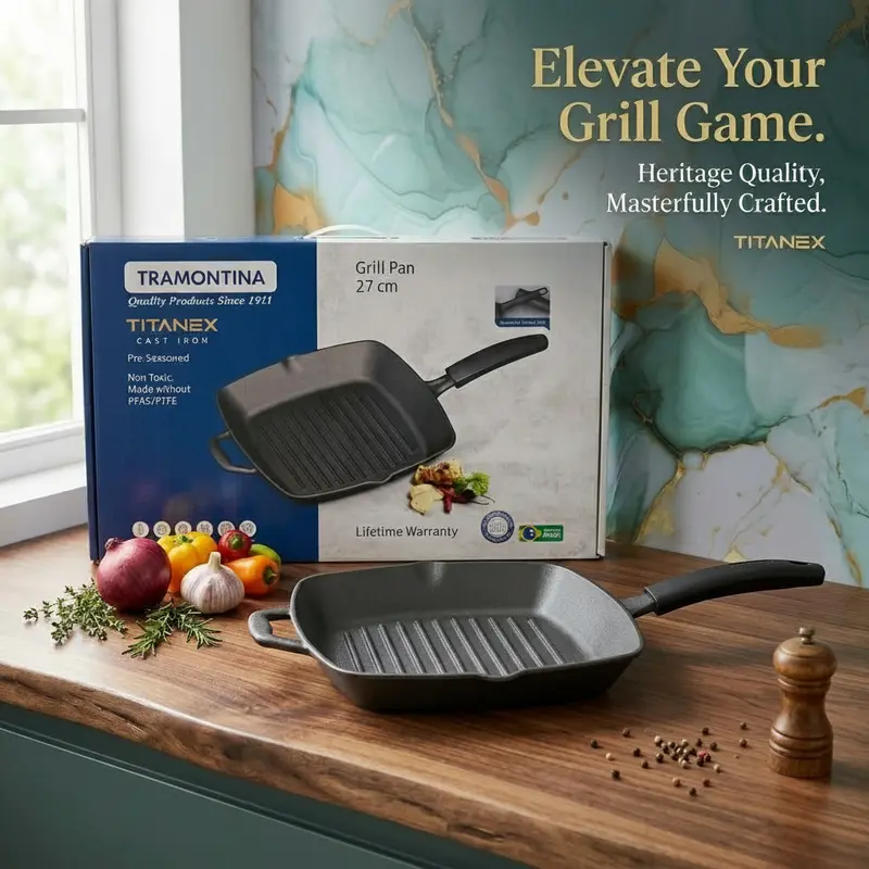 Tramontina Titanex 27 Cm Pre-Seasoned Cast Iron Grill Pan – Raised Ridges, Authentic Char Marks 1