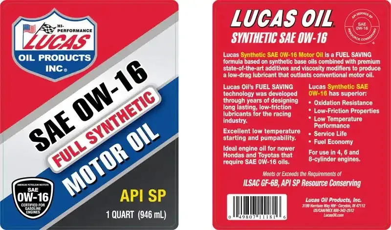Lucas Oil Synthetic Motor Oil – Sae 0W-16, Api Sp & Ilsac Gf-6A Certified 1